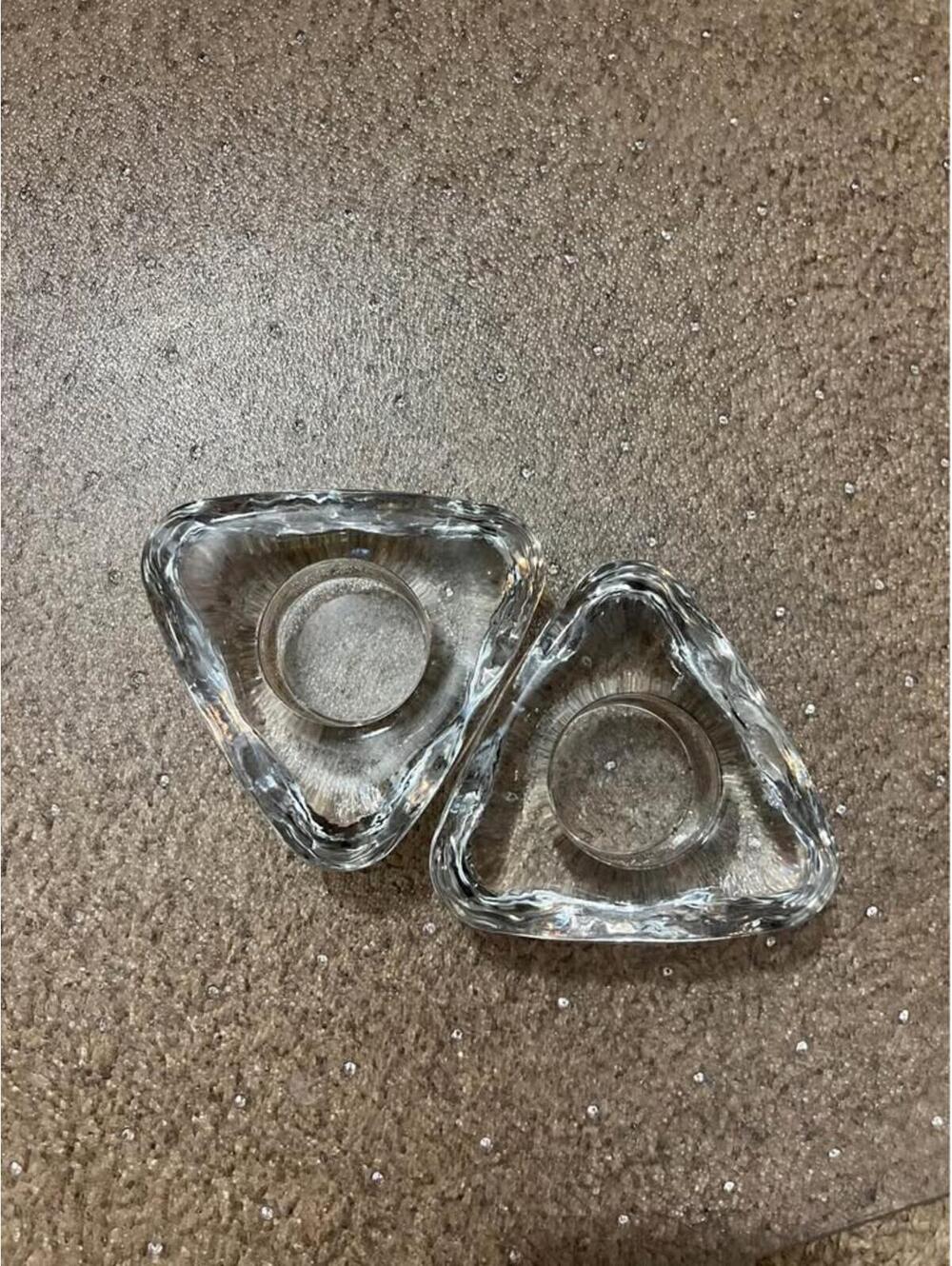 Vintage Clear Heavy Glass Triangle Tea Light Candle Holders Set of 2 Minimalist